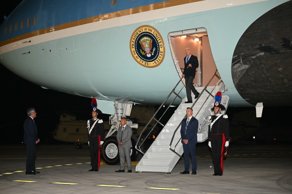 Biden stepping off Air Force One after arriving in Brindisi, Italy on June 12, 2024.