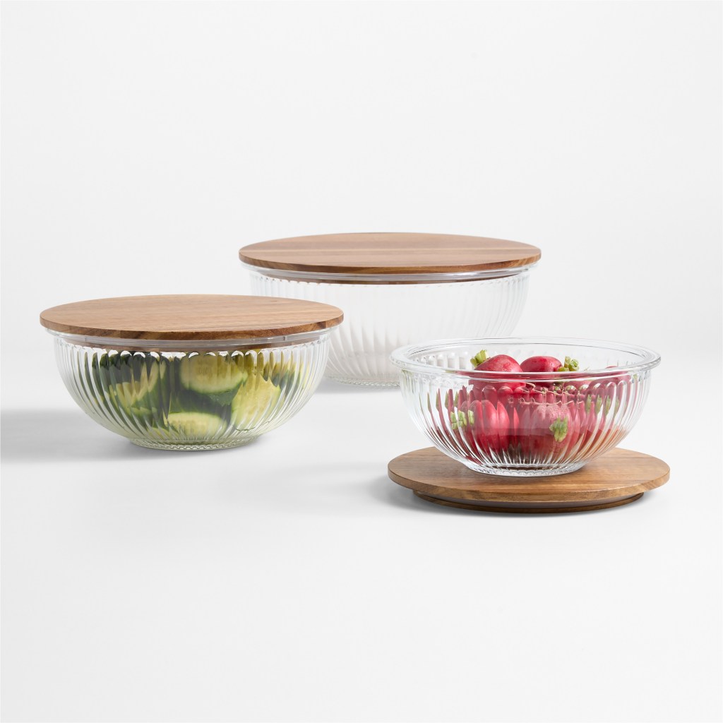 Plisse Fluted Glass Bowls with Acacia Lids by Laura Kim for Crate and Barrel