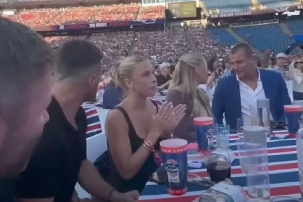 Xandra Pohl and Danny Amendola sitting together with Camille Kostek and Rob Gronkowski at Tom Brady's Patriots Hall of Fame induction ceremony, which took place at Gillette Stadium on June 12, 2024. 