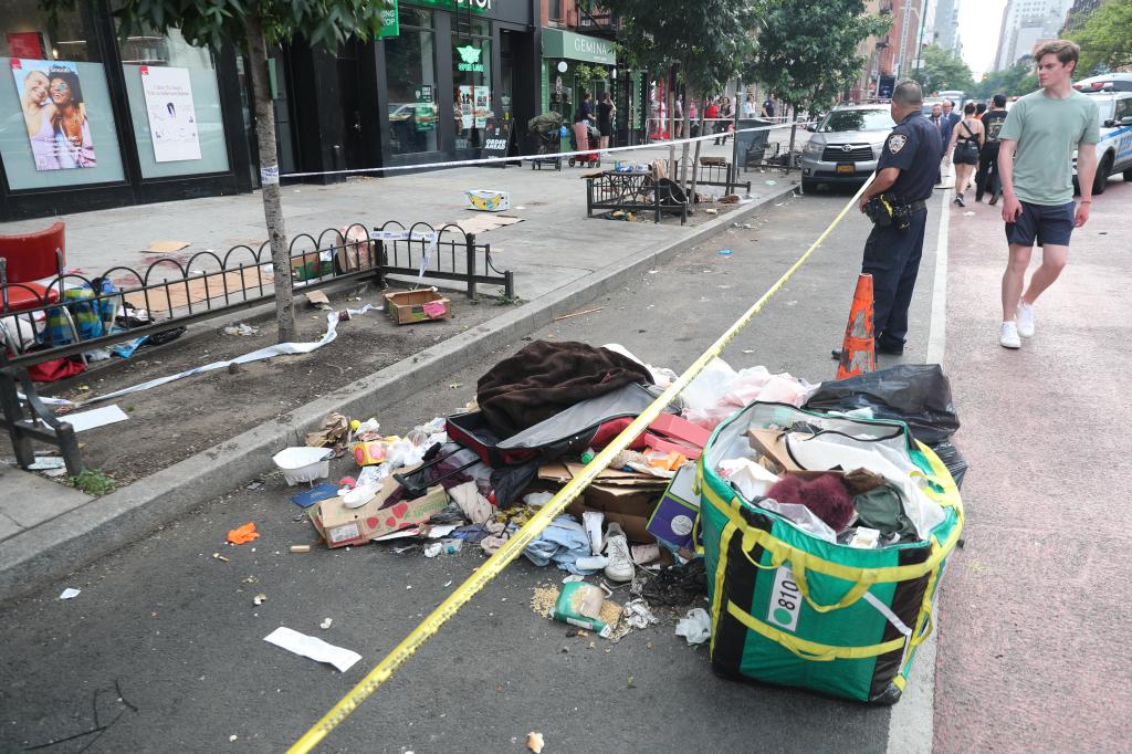 The crime scene had blood and items all over the place. 