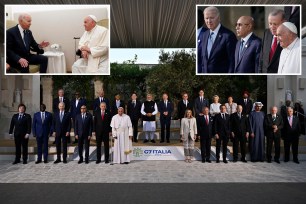 Pope Francis poses with the G7 heads of State, Olaf Scholz, German Chancellor, Justin Trudeau, Prime Minister of Canada, Emmanuel Macron, President of France, Giorgia Meloni, Italy's Prime Minister, Joe Biden, President of the United States, Fumio Kishida, Prime Minister of Japan, Rishi Sunak, Prime Minister of the United Kingdom and heads of delegation of Outreach countries and Charles Michel, President of the European Council and Ursula von der Leyen, President of the European Commission for a family photo on day two of the 50th G7 summit at Borgo Egnazia on June 14, 2024 in Fasano, Italy