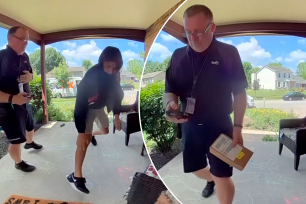 This sticky-figured porch pirate could barely wait until the package was delivered.