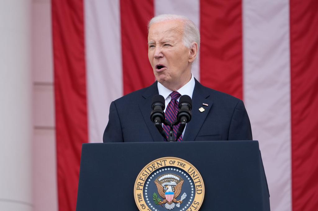 President Joe Biden delivers the Memorial Day Address at the 156th National Memorial Day Observance at Arlington National Cemetery in Arlington, Va., Monday, May 27, 2024. 