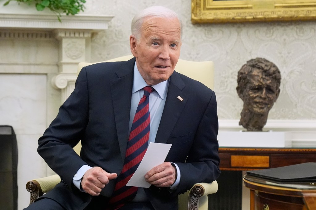 President Joe Biden listens to a question as he meets with NATO Secretary General Jens Stoltenberg in the Oval Office at the White House, Monday, June 17, 2024.