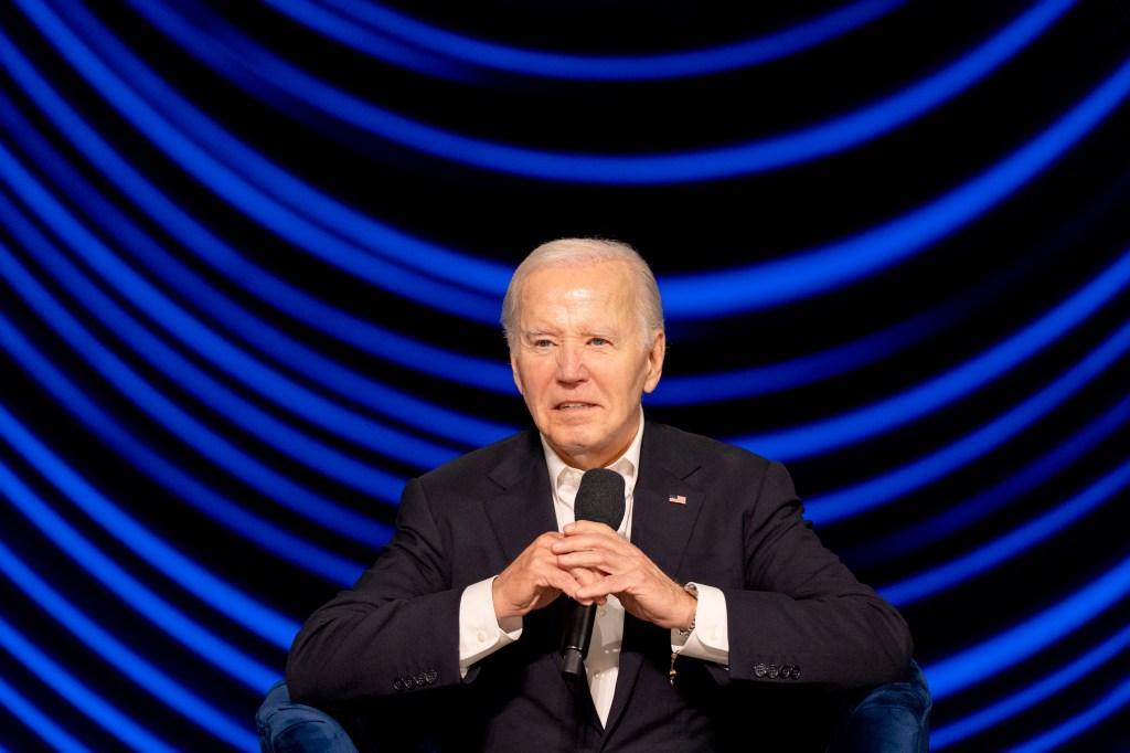 President Joe Biden is seated during a campaign event with former President Barack Obama moderated by Jimmy Kimmel at the Peacock Theater, Saturday, June 15, 2024, in Los Angeles.