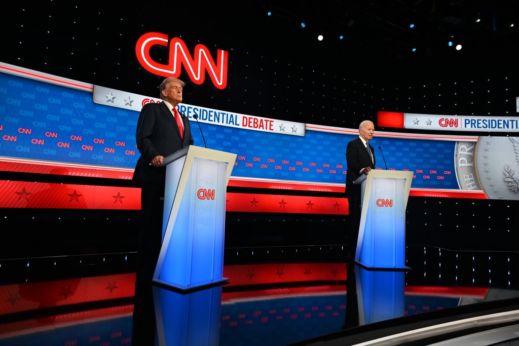 Joe Biden and Donald Trump participate in the first Presidential Debate at CNN Studios in Atlanta, Georgia, on June 27, 2024. 