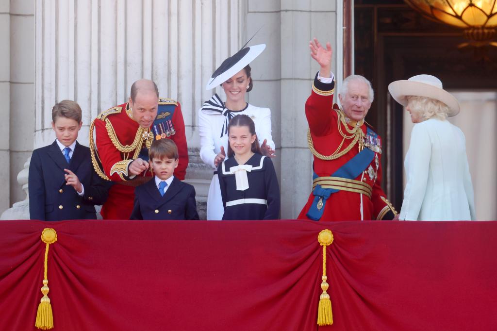 LONDON, ENGLAND - JUNE 15: Prince George of Wales, Prince William, Prince of Wales, Prince Louis of Wales, Princess Charlotte of Wales, Catherine, Princess of Wales, King Charles III and Queen Camilla 
