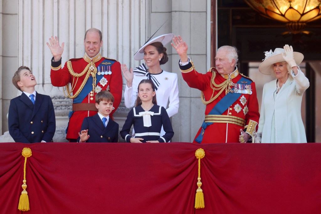 (L-R) Britain's Prince George of Wales, Britain's Prince William, Prince of Wales, Britain's Prince Louis of Wales, Britain's Catherine, Princess of Wales, Britain's Princess Charlotte of Wales, Britain's King Charles III, Britain's Queen Camilla, Britain's Sophie, Duchess of Edinburgh, and Britain's Prince Edward, Duke of Edinburgh, pose on the balcony of Buckingham Palace after attending the King's Birthday Parade "Trooping the Colour" in London on June 15, 2024.