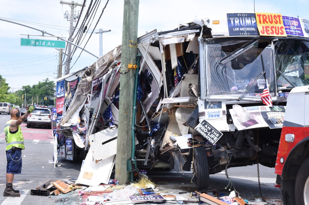 An RV known for being decorated in Donald Trump posters crashed into a pole in Staten Island on Sunday.