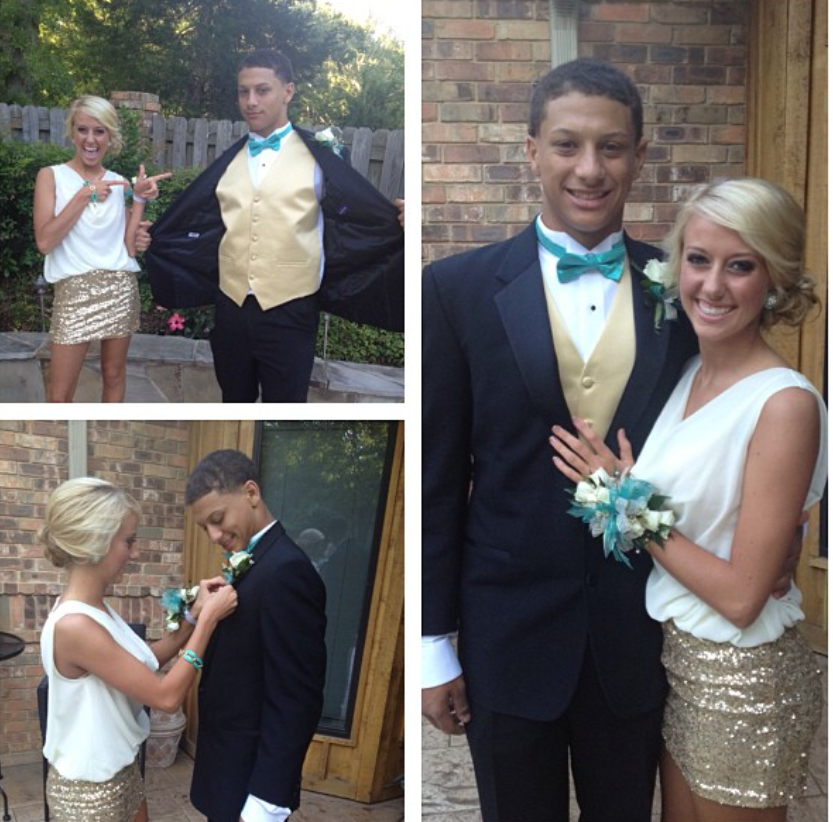 Collage of Patrick Mahomes and a woman, possibly from a prom event