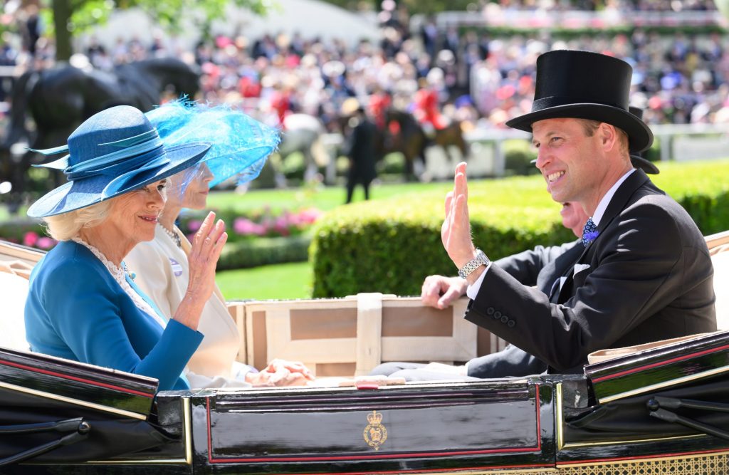 Queen Camilla and Prince William, Duke of Cambridge, smiling at Royal Ascot 2024