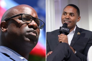 Rep. Jamaal Bowman watching Rep. Ayanna Pressley speaking at a Get Out the Vote campaign event in Mount Vernon, New York