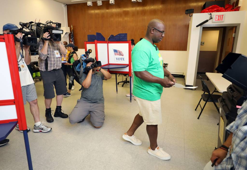Bowman casting his ballot on the first day of early voting in Westchester at New Rochelle City Hall Annex on June 15, 2024.