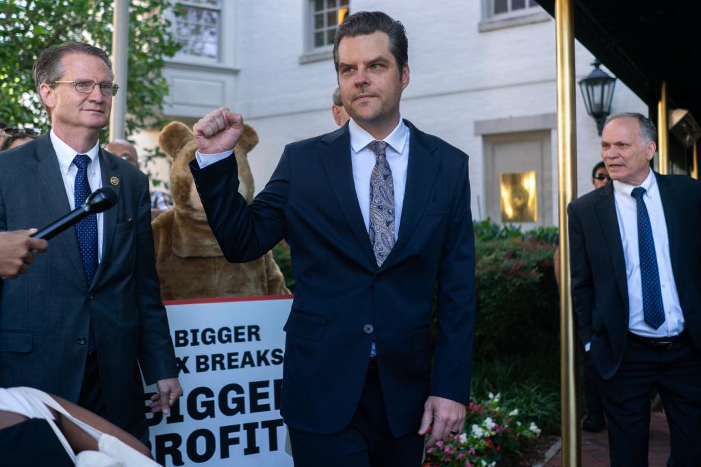 Rep. Matt Gaetz (R-FL) arrives for a House Republicans Conference meeting at the Capitol Hill Club on June 13, 2024 in Washington, DC.