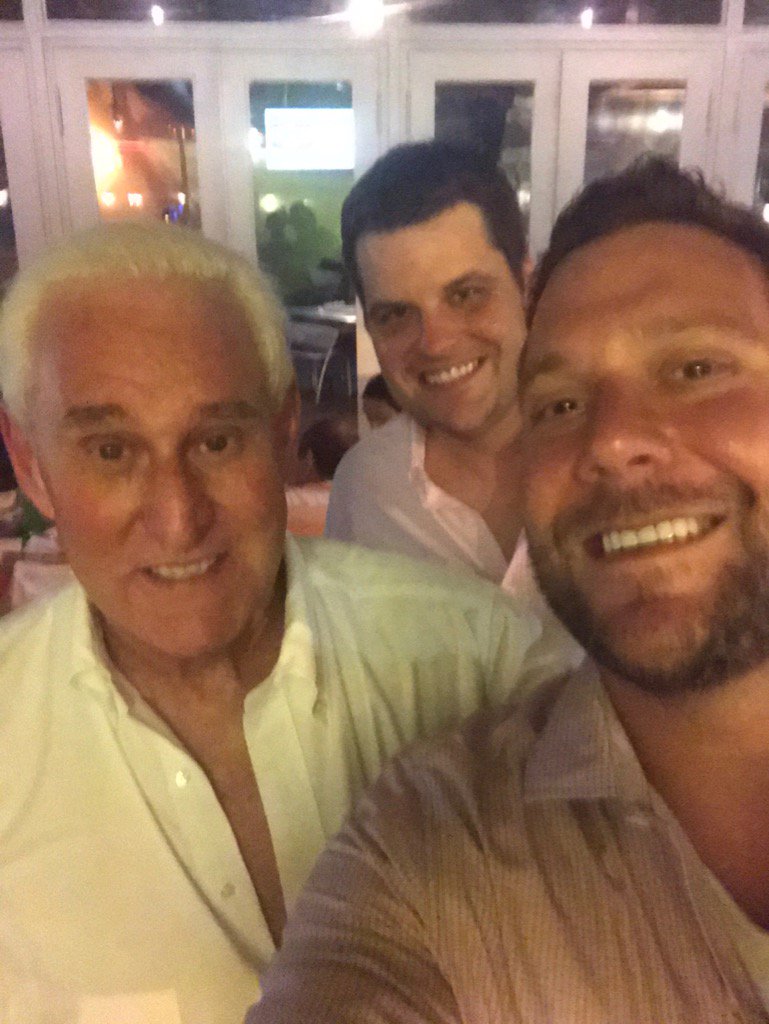 Roger Stone (left) and Representative Matt Gaetz, Republican of Florida (middle) and Joel Greenberg (right)