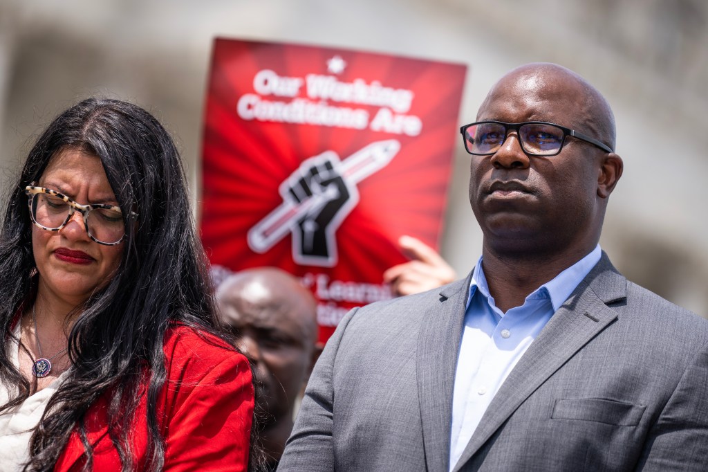 Reps. Jamaal Bowman and Rashida Tlaib at a news conference supporting free speech on college campuses, May 23, 2024