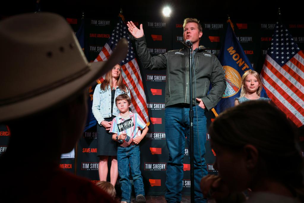 Republican candidate for U.S. Senate, Tim Sheehy, addressing supporters at a primary election night party in Montana, 2024