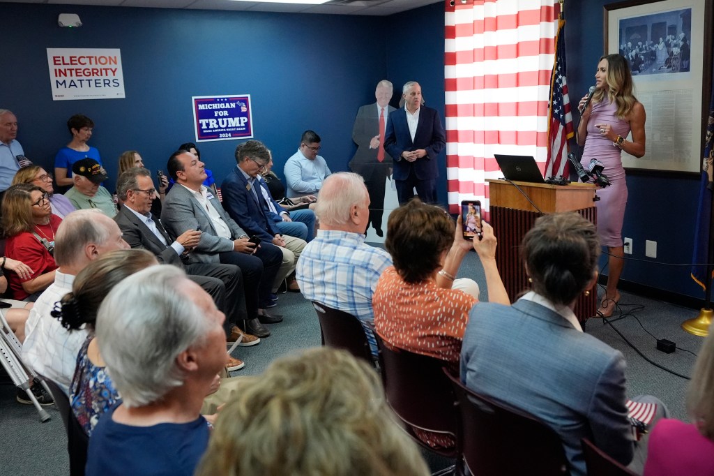 Republican National Committee Co-chair Lara Trump addresses an election integrity volunteer training program at the Oakland County GOP Headquarters, Friday, June 14, 2024 in Bloomfield Hills, Michigan