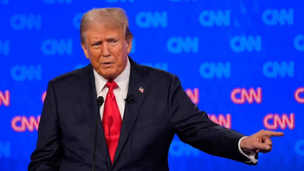 Republican presidential candidate former President Donald Trump speaks during a presidential debate hosted by CNN with President Joe Biden, 