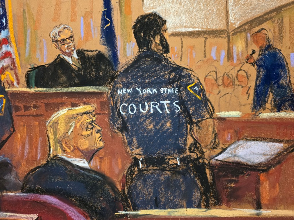 Sketch of former U.S. President Donald Trump in a courtroom, reacting to the verdict in his criminal trial