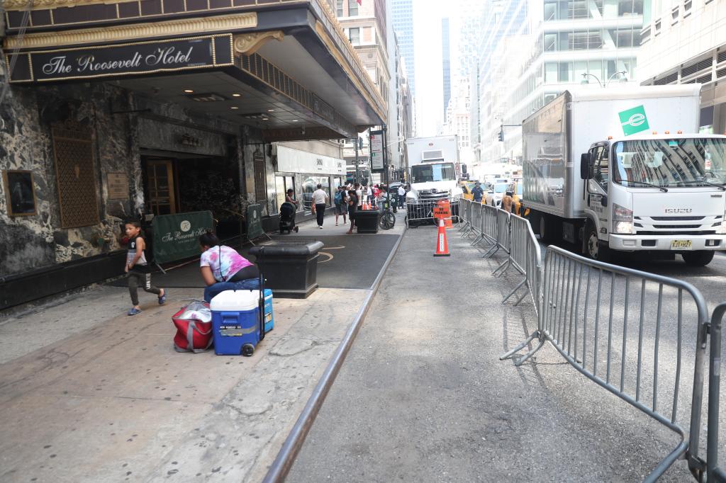 Empty corridor in front of the Roosevelt Hotel in New York City, where numerous mopeds and e-bikes used to be parked.