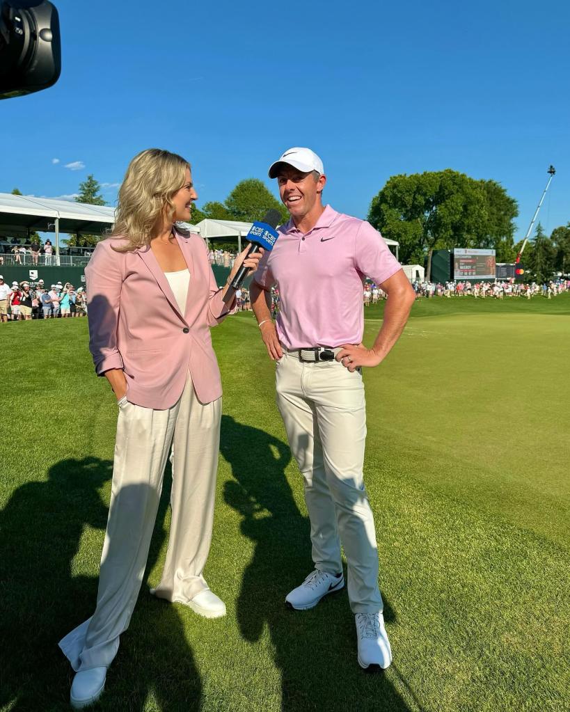 CBS reporter Amanda Balionis interviews Rory McIlroy after he won the Wells Fargo Championship at Quail Hollow golf course in in Charlotte on May 12, 2024.