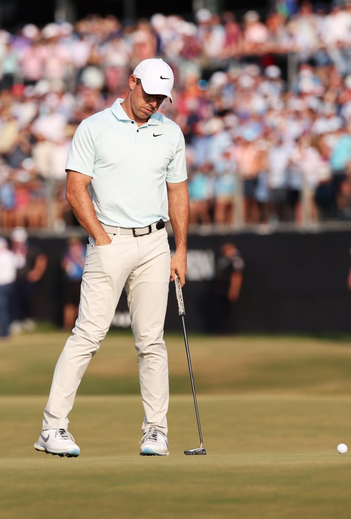 Rory McIlroy of Northern Ireland reacts after missing a par putt on the 18th hole during the final round of the 124th U.S. Open at Pinehurst Resort on June 16, 2024 in Pinehurst, North Carolina.  