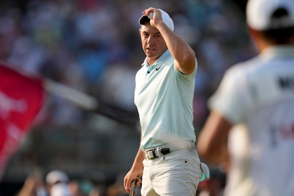 Rory McIlroy reacts after missing a putt on the 18th hole during the final round of the U.S. Open.