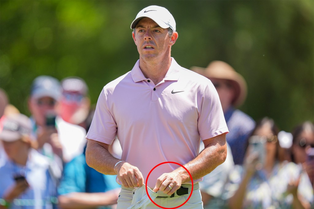 Rory McIlroy with his wedding ring on at the Wells Fargo Championship on May 12, 2024, a day before filing for divorce.