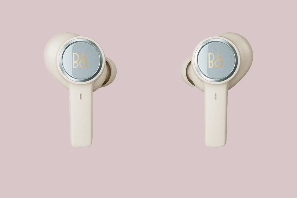 A pair of white earbuds