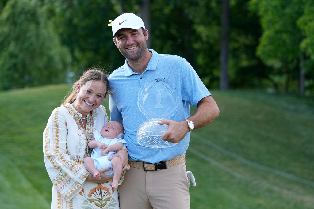 Scheffler, here with wife Meredith and son Bennett, won the Memorial Tournament on June 9, 2024.