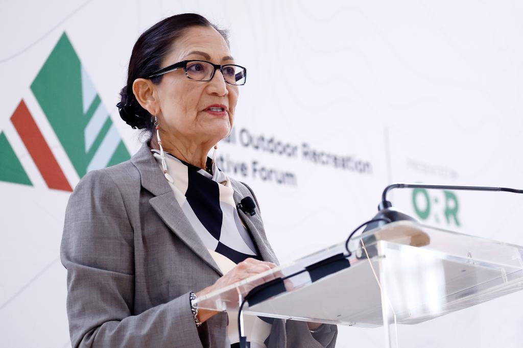 Secretary Deb Haaland speaks onstage during in the first-ever National Outdoor Recreation Executive Forum hosted by Outdoor Recreation Roundtable at Decatur House on May 07, 2024 in Washington, DC.