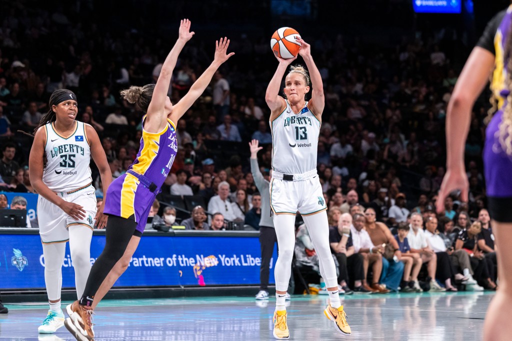 Liberty forward Leonie Fiebich (13) shoots a three point shot in the first half against the Los Angeles Sparks at Barclays Center.