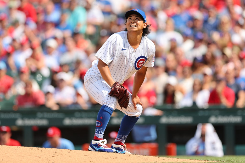 Shota Imanaga #18 of the Chicago Cubs reacts to a foul ball against the St. Louis Cardinals during the seventh inning at Wrigley Field on June 15, 2024 in Chicago, Illinois. 