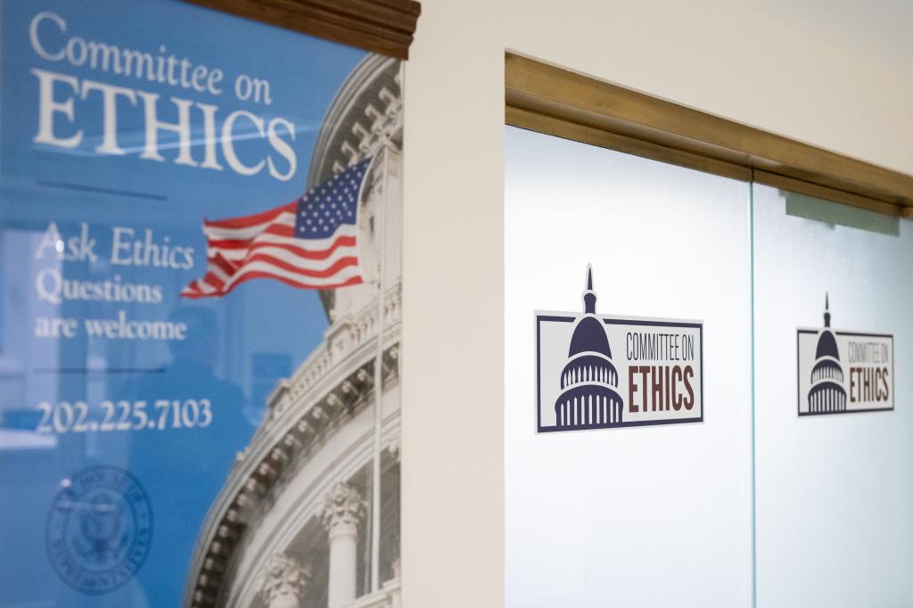 Signs mark the offices of the House Ethics Committee in the Longworth House Office Building on Monday, July 24, 2023. 