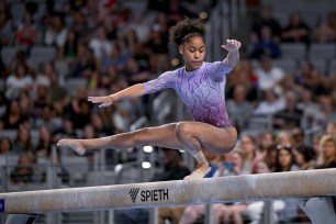 Skye Blakely of WOGA Gymnastics performs on balance beam during day one of the womenâs 2024 Xfinity U.S. Gymnastics Championships at Dickies Arena.