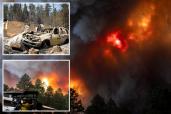 Smoke plumes from South Fork Fire rising above the trees, progressing from Mescalero Apache Indian Reservation to Lincoln National Forest, New Mexico