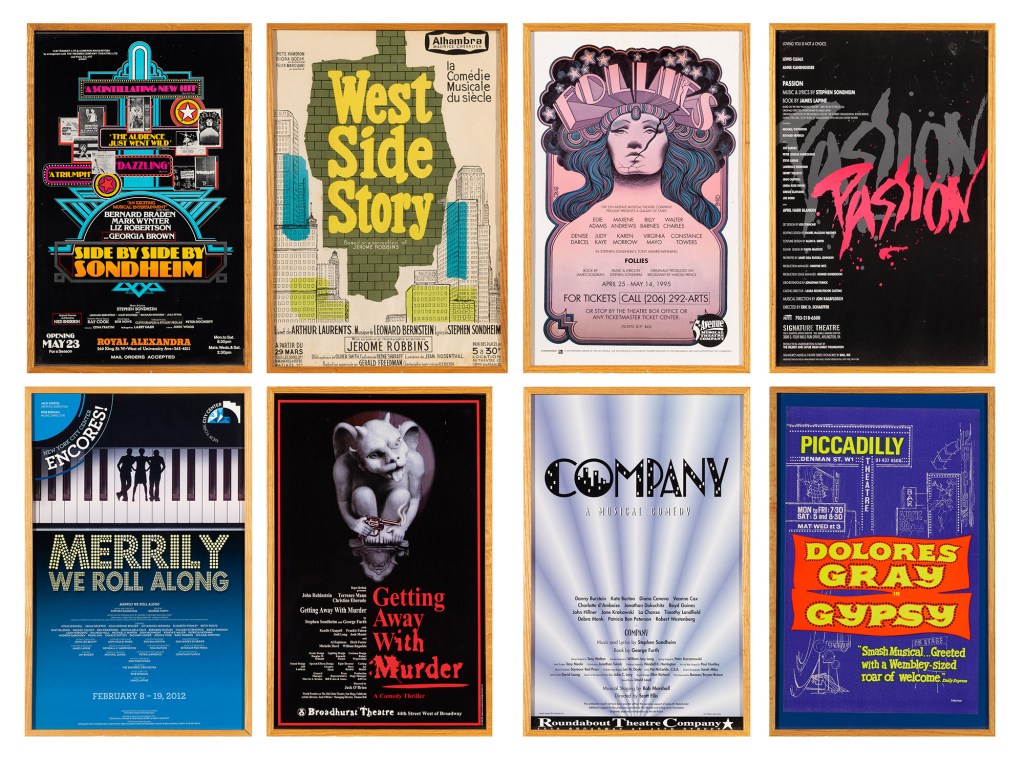 A group of Sondheim related posters displayed on a white background for Alexa Web Calendar June 14