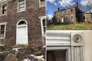 Brick mansion facade with a door and a window, known as Hood Mansion in Limerick, PA, up for moving