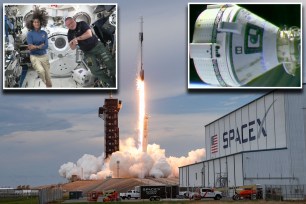 Collage of a rocket launching with astronauts Barry E. Wilmore and Sunita Williams, representing SpaceX potentially rescuing stranded astronauts.
