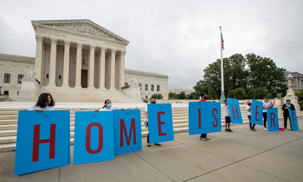 Deferred Action for Childhood Arrivals (DACA) students gather in front of the Supreme Court in Washington. 