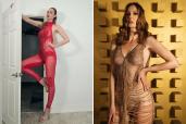 Composite image world's tallest model, ekaterina lisina, seen here left standing up with her one foot on her knee and her arm on the top of a doorway, wearing red lingerie with a sheer red coverup; right, lisina with her long brown hair down, wearing a gold mesh outfit in front of a gold wall with squares