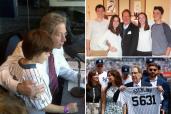 A composite photo of John Sterling. One in the announcer's booth with son, Brad; another with two of his children and a third, holding a Yankee jersey with the number of games he's called.