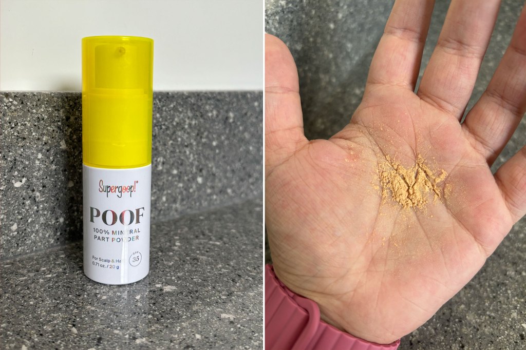 Left: A brush based SPF powder; Right: A hand with sunscreen powder