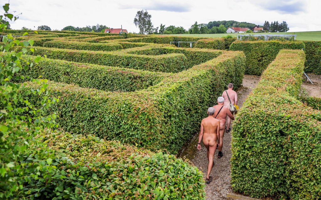 naked people walking through a maze