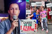City Councilwoman Tiffany Caban speaking into microphone at left; "Queer as in Free Palestine" sign on van, center inset; group of pols and parade attendees posing with signs at pride event at right