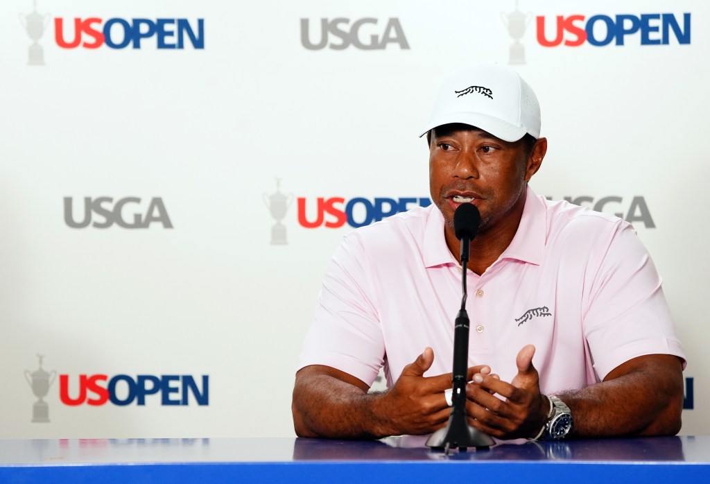 Tiger Woods speaks to the media at the 2024 U.S. Open on Tuesday.