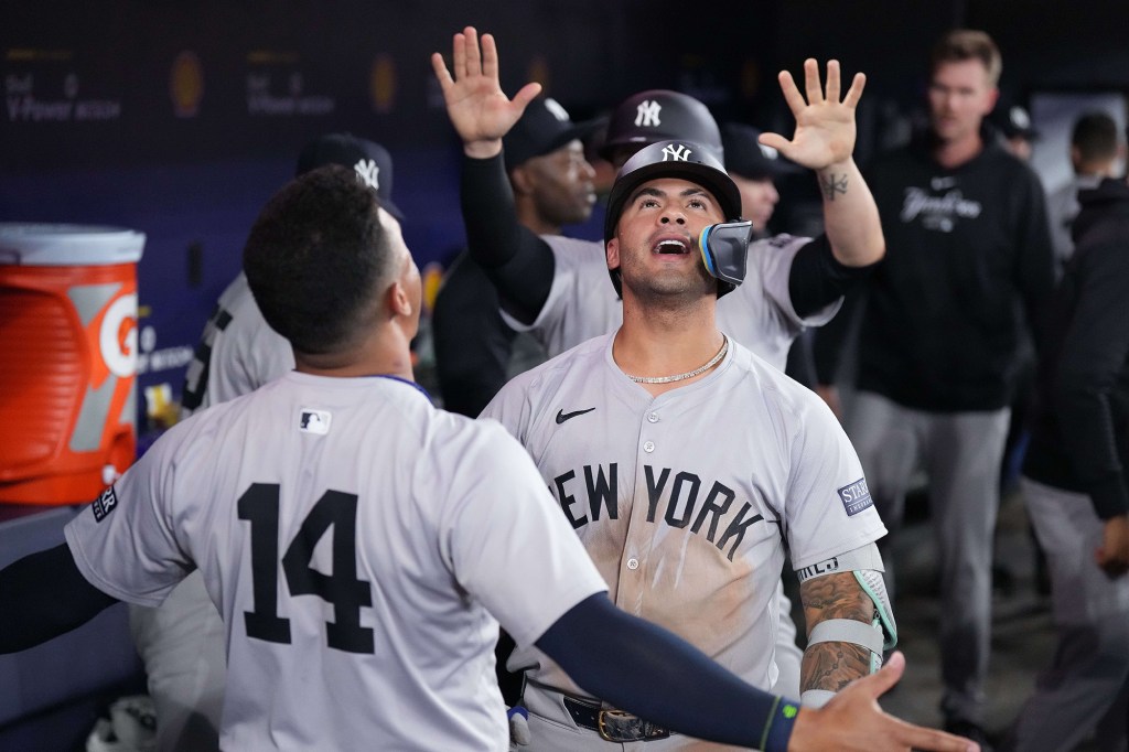 Gleyber Torres reacts after homering Friday night against the Blue Jays.