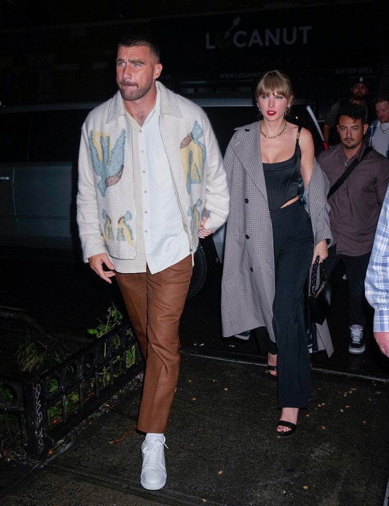 Travis Kelce and Taylor Swift arrive at the SNL Afterparty on October 15, 2023 in New York City.  