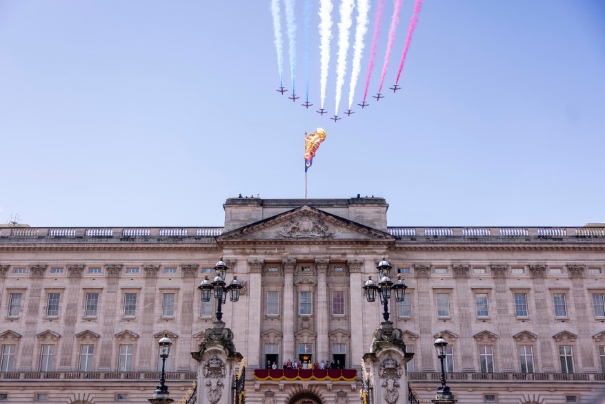 The British Royal Air Force's (RAF) aerobatic team, the "Red Arrows" perform a flypast over Buckingham Palace.